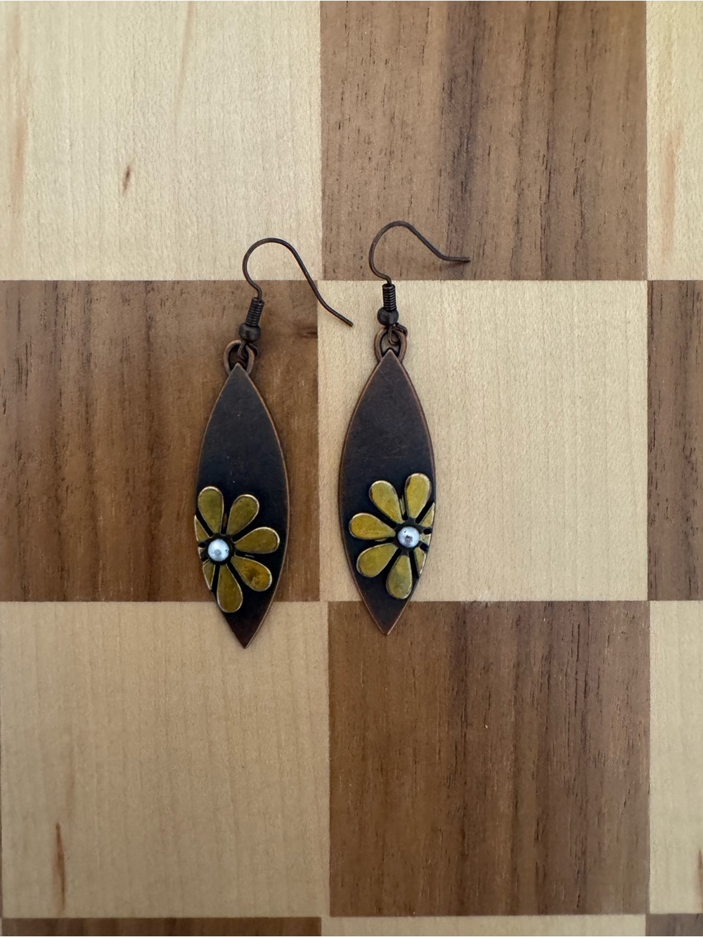 Handcrafted Bronze Teardrop Earrings with Yellow Flower Accent sunflower